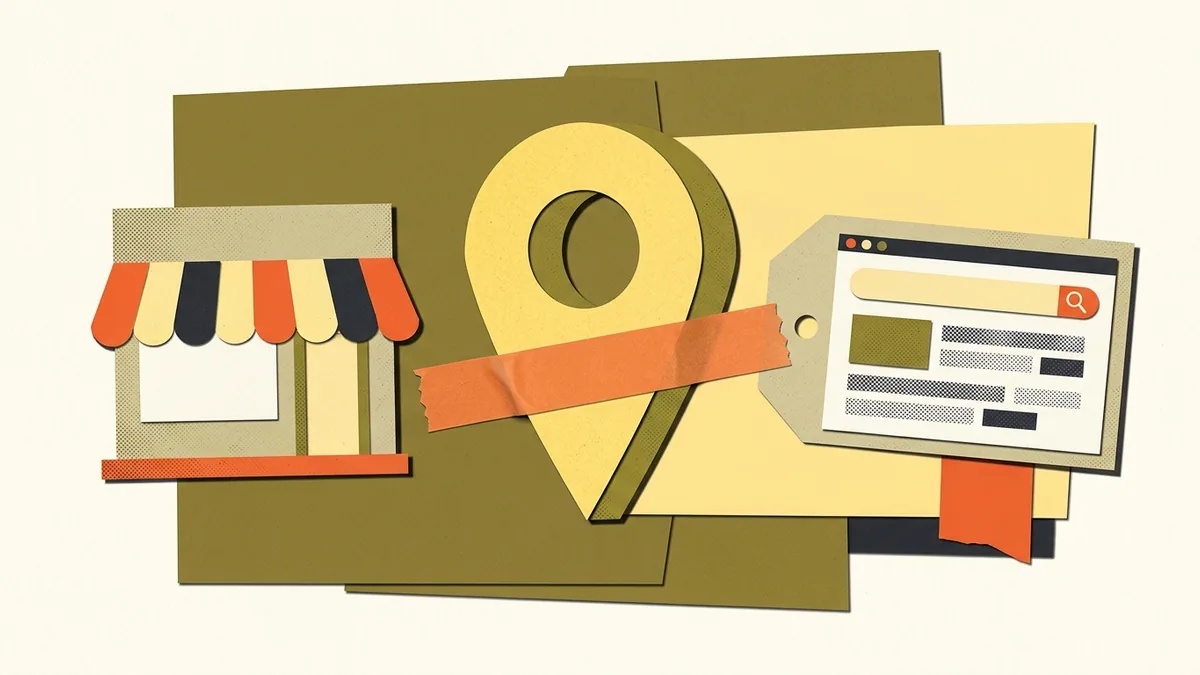 Colagem em papel recortado mostrando um marcador de mapa conectado à fachada da clínica e ao endereço do site