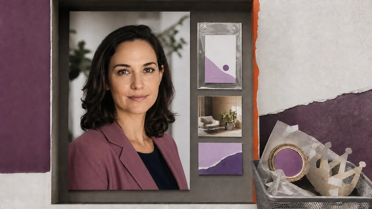Retrato profissional em preto e branco cercado por credenciais e perfis coerentes em roxo