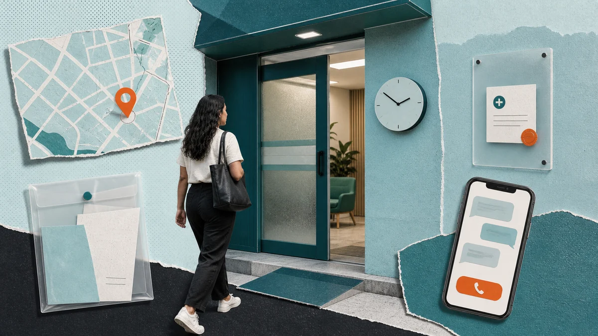 Kit pré-consulta com celular, envelope de orientações, mapa, documentos e foto da recepção