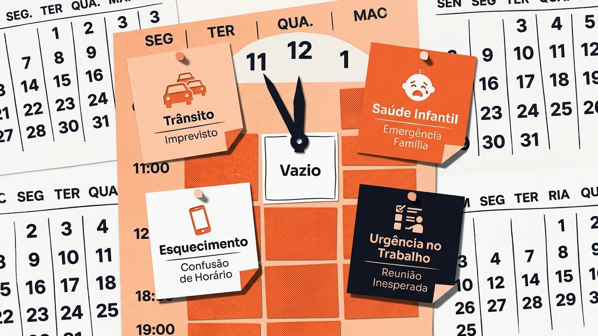 Colagem em papel recortado mostrando uma agenda com fichas de motivos de ausência organizadas com cuidado