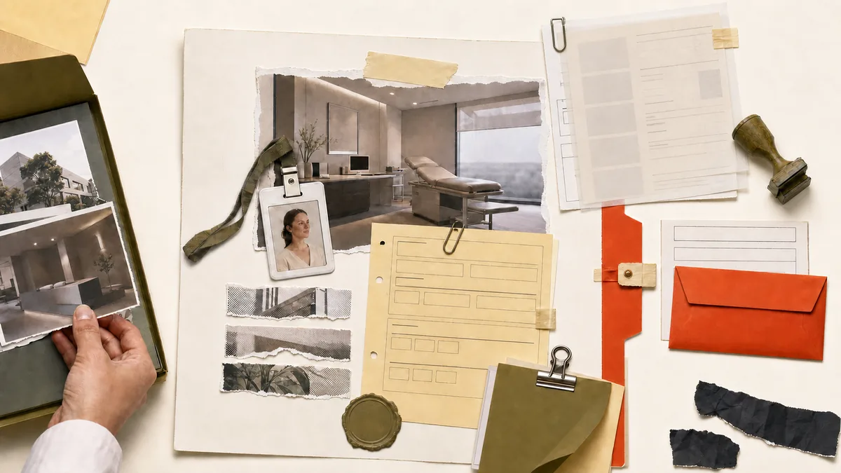 Uma mão organiza fotos da unidade numa página de serviço com sala, crachá, documentos em revisão, formulário e calendário editorial.