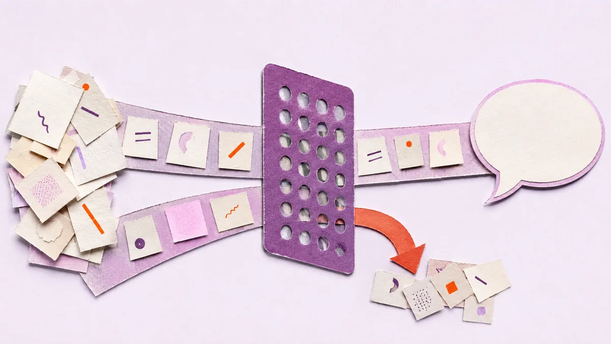 Convites de papel passam por um filtro roxo que conduz parte deles a um balão de conversa e desvia os demais